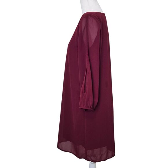Lulus Burgundy V-Neck Shift Dress Small Sheer Sleeves Lined - Picture 4 of 13